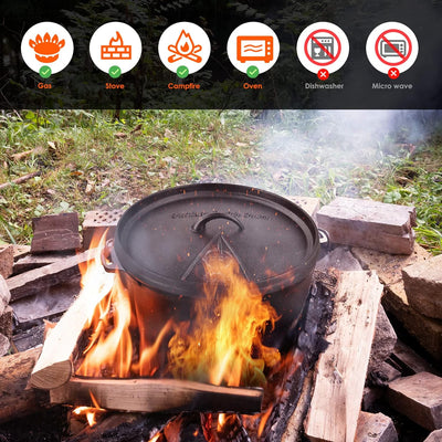 Dutch Oven Set 5.8 Liter, BBQ Feuertopf Schmortopf, Dickem Gusseisen Kochtopf, Dutch-Oven ohne Beine