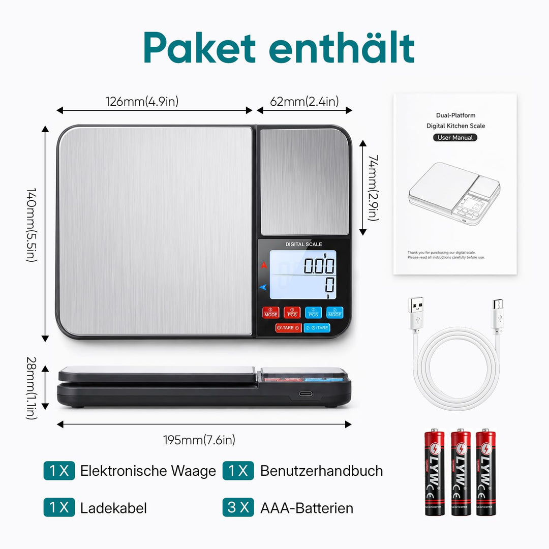 Wigearss Küchenwaage Digital mit Dual Plattform 10kg/1g und 500g/0.01g, Doppelfunktion Küchen Feinwa