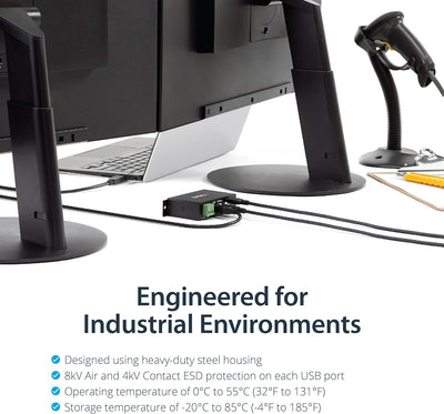 StarTech.com 4 Port USB 2.0 Hub - Industrieller USB-A Hub aus Metall - Hutschienen/Wand/Tischmontage