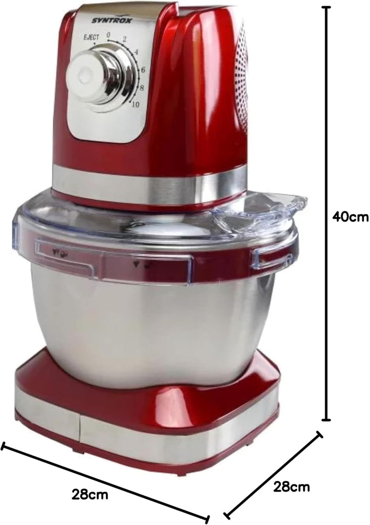 Syntrox Küchenmaschine & Knetmaschine Rot Vindas mit Edelstahl-Behälter, Multifunktionale Knetmaschi