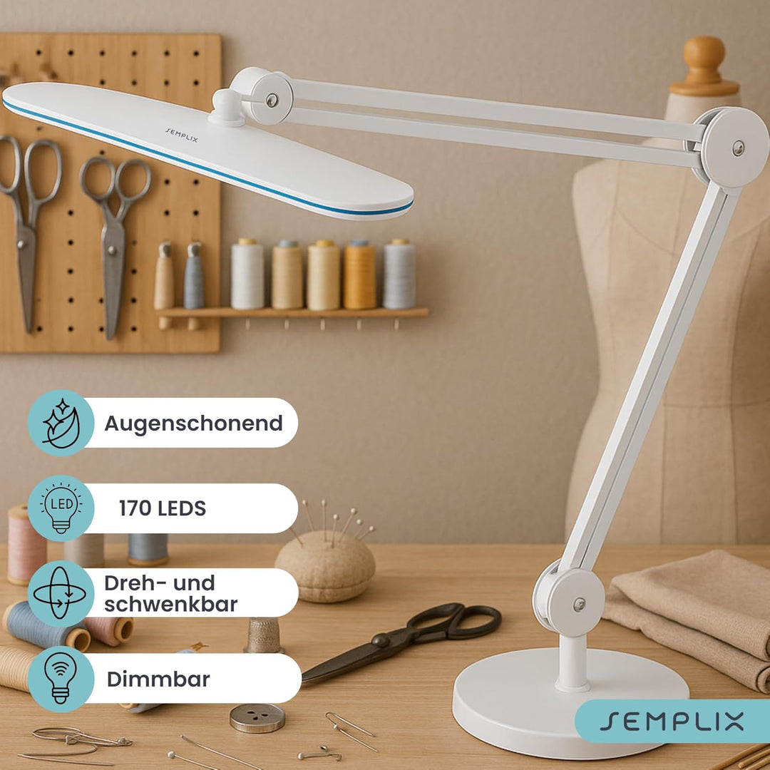 SEMPLIX LED Arbeits-Lampe Weiss: (117 PCS LED, 4fach dimmbar) Mit Tischstandfuss und -Klemme, höhenv