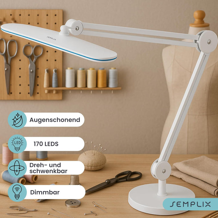 SEMPLIX LED Arbeits-Lampe Weiss: (117 PCS LED, 4fach dimmbar) Mit Tischstandfuss und -Klemme, höhenv