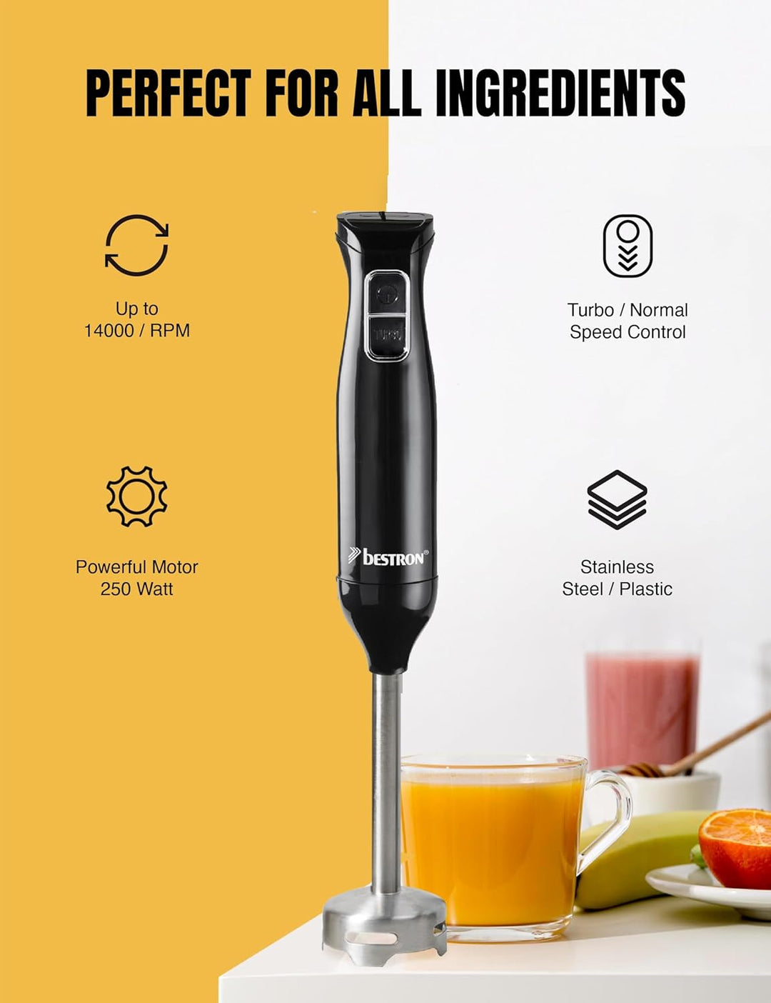 Bestron Stabmixer, Pürierstab mit 2 Geschwindigkeitsstufen & ergonomischer Handgriff, Staab abnehmba