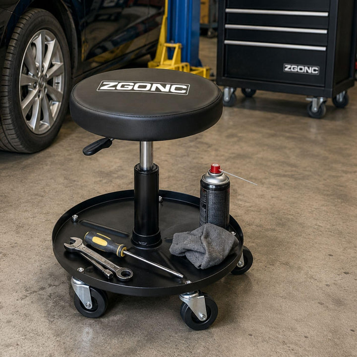 Rollhocker höhenverstellbar mit Ablage – fahrbarer Werkstatthocker