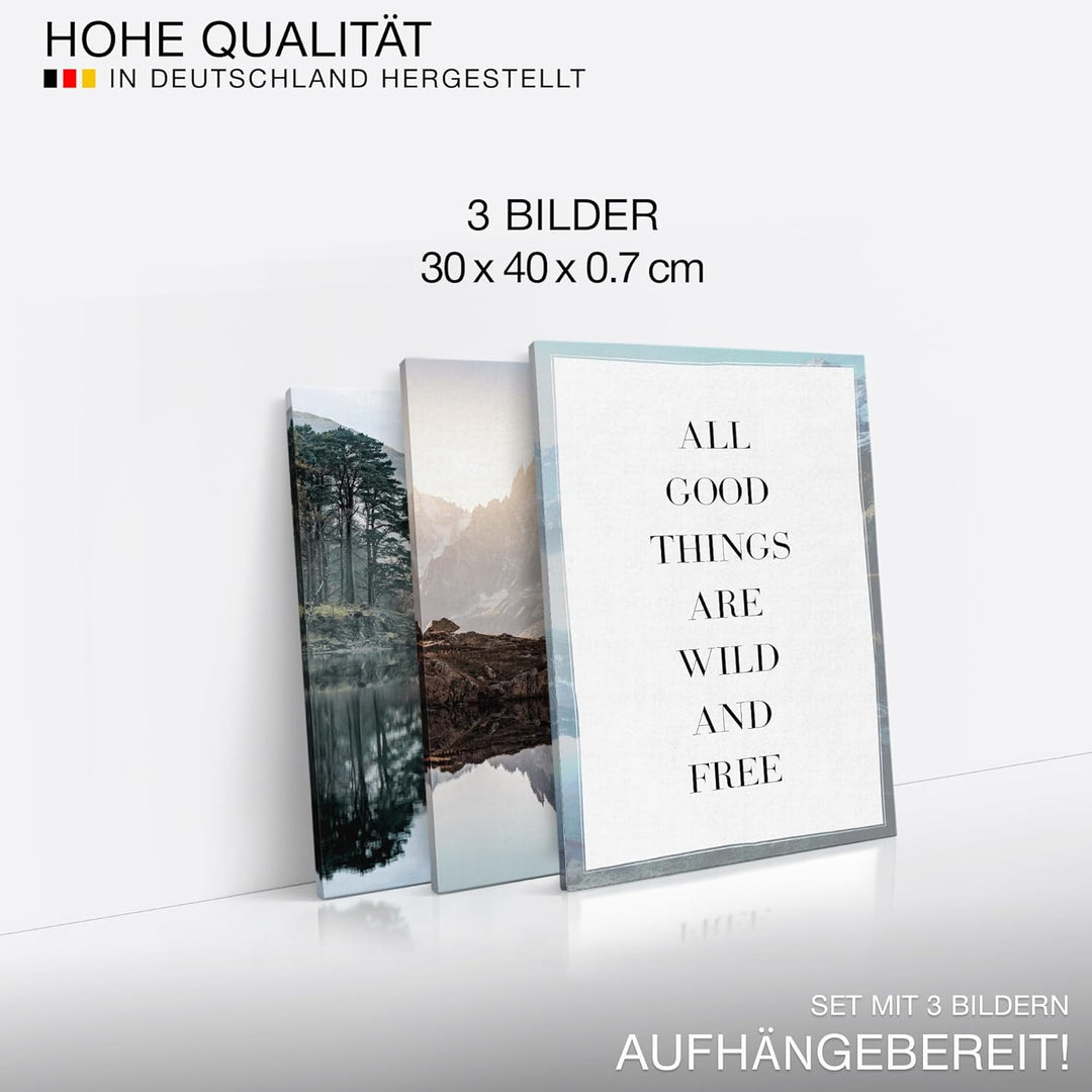 Novart Wandbilder Set See Berge - KOMPLETT AUFHÄNGFERTIG - Wohnzimmer Schlafzimmer Deko - 3 Moderne