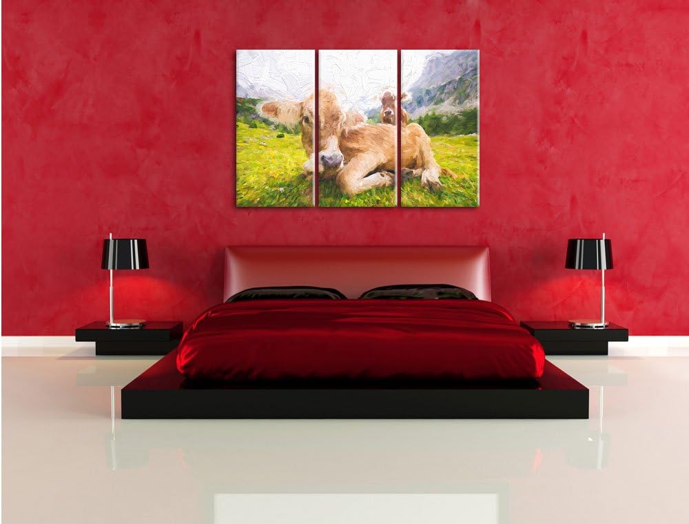 Pixxprint Almkuh in den Bergen Kunst als Leinwandbild/Grösse: 3 Teilig (120x80 cm) cm/Wandbild/Kunst
