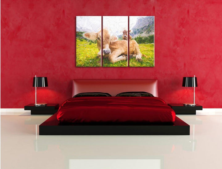 Pixxprint Almkuh in den Bergen Kunst als Leinwandbild/Grösse: 3 Teilig (120x80 cm) cm/Wandbild/Kunst