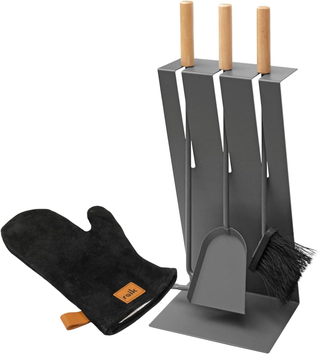raik Kaminbesteck Set Gustav 3-teilig inkl. Rindsleder Ofenhandschuh anthrazit Kamingarnitur mit Hol