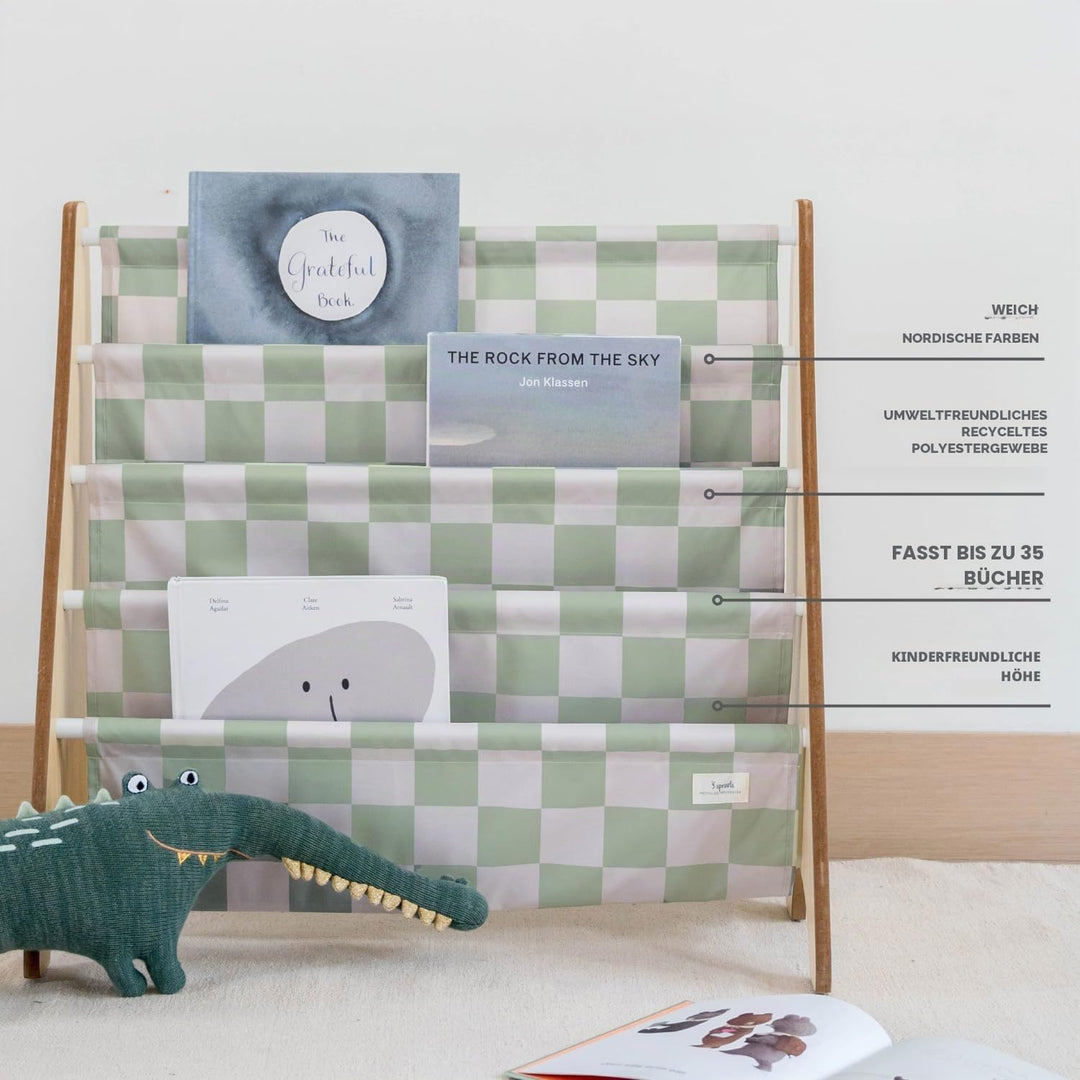 3 Sprouts Kinder Bücherregal aus Holz – Montessori Regal für Kinderzimmer - Schachbrett - Grün, Scha