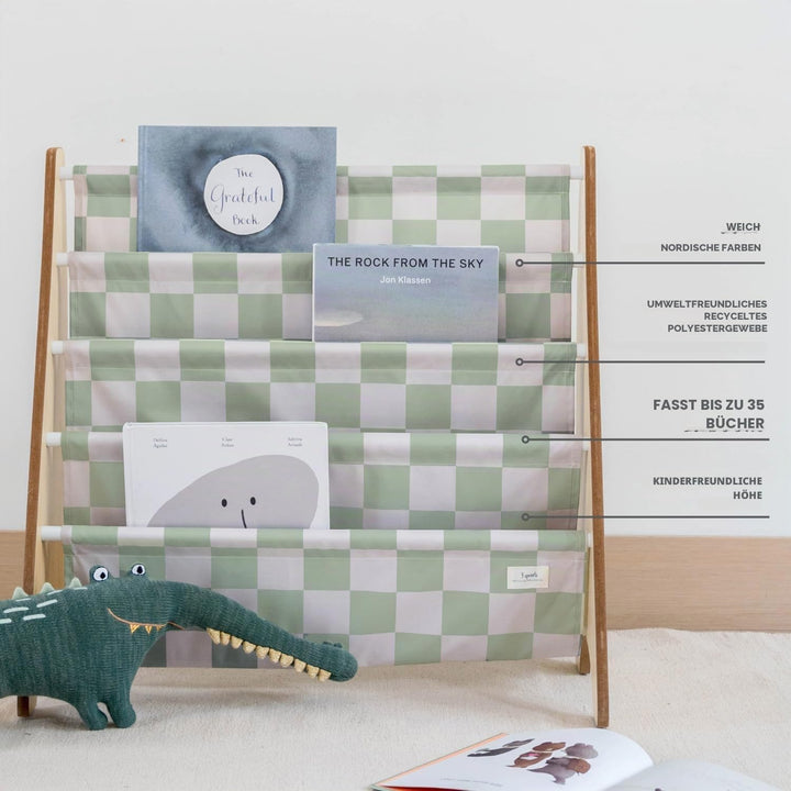 3 Sprouts Kinder Bücherregal aus Holz – Montessori Regal für Kinderzimmer - Schachbrett - Grün, Scha