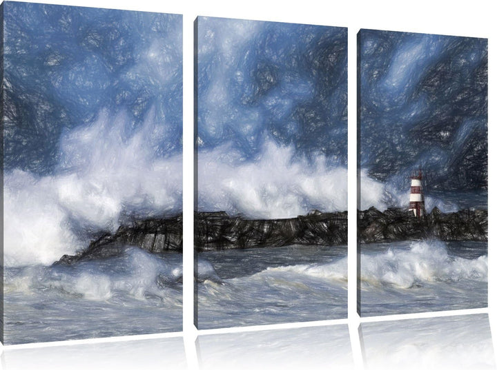 Pixxprint Tobendes Meer mit Leuchtturm als Leinwandbild/Grösse: 3 Teilig (120x80) cm/Wandbild/Kunstd