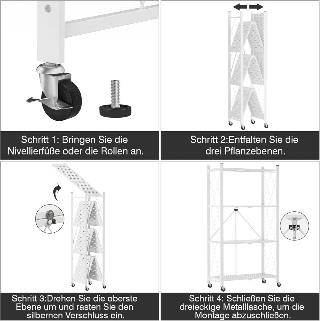 ALANNG Blumenständer mit Rädern, 4 Ablagen Stabiler Pflanzenständer, Metall Pflanzenregal Indoor Ein