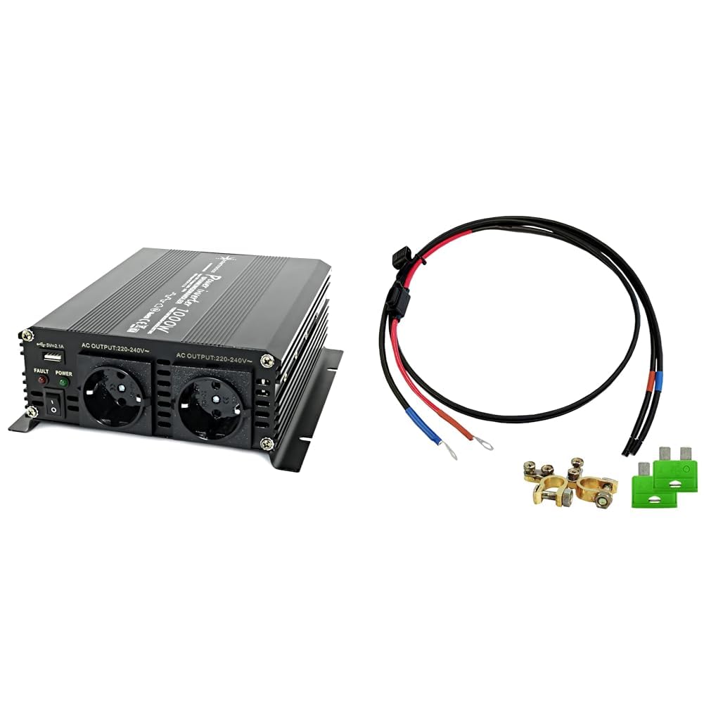solartronics Spannungswandler NM 12V 1000 2000 Watt 12V-230V &amp; Offgridtec Batteriekabel mit Flachsic