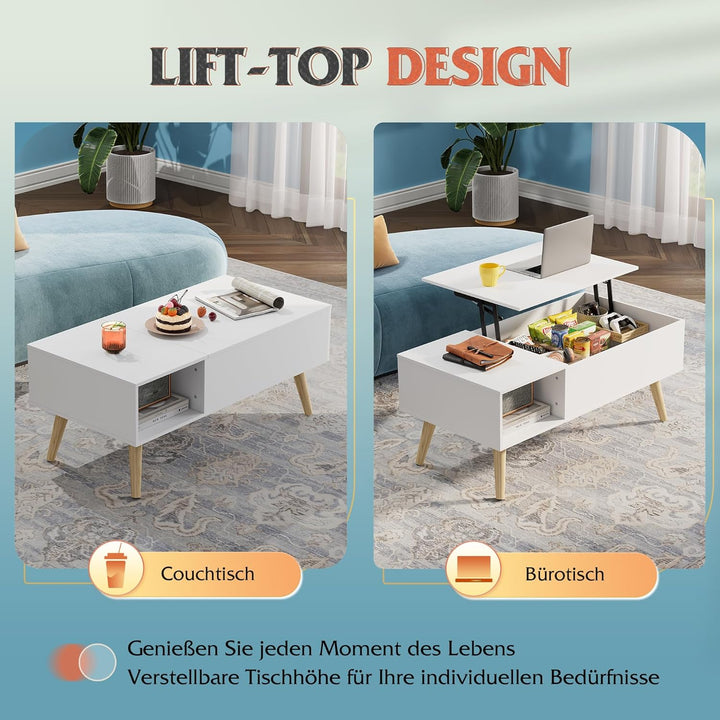 WLIVE Couchtisch Höhenverstellbar und Ausziehbar, Wohnzimmertisch mit Grossem Verstecktem Staufach,