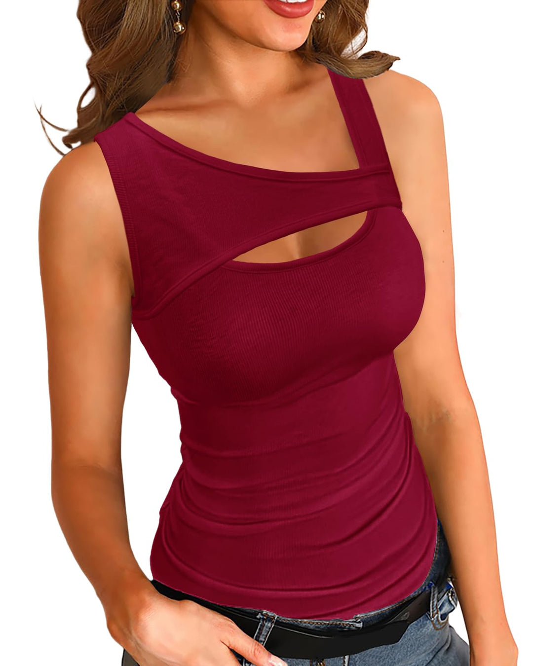Basicspace Damen Ausschnitt Design Top Frühling Sommer Vielseitige Weste Schlanke Gerippte Weste, XX