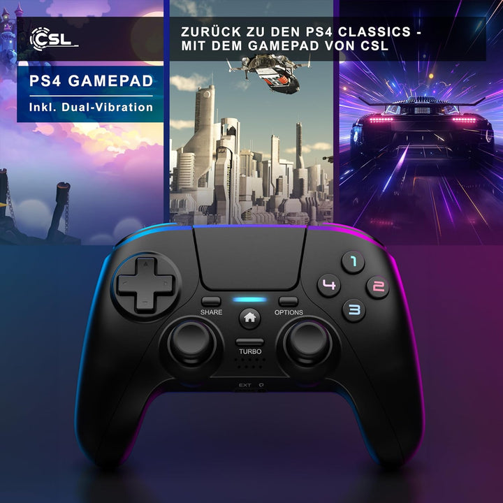 CSL - Wireless Gamepad für PC und PS4 - PC Anschluss - Wireless Controller - Dual Vibration - Headse