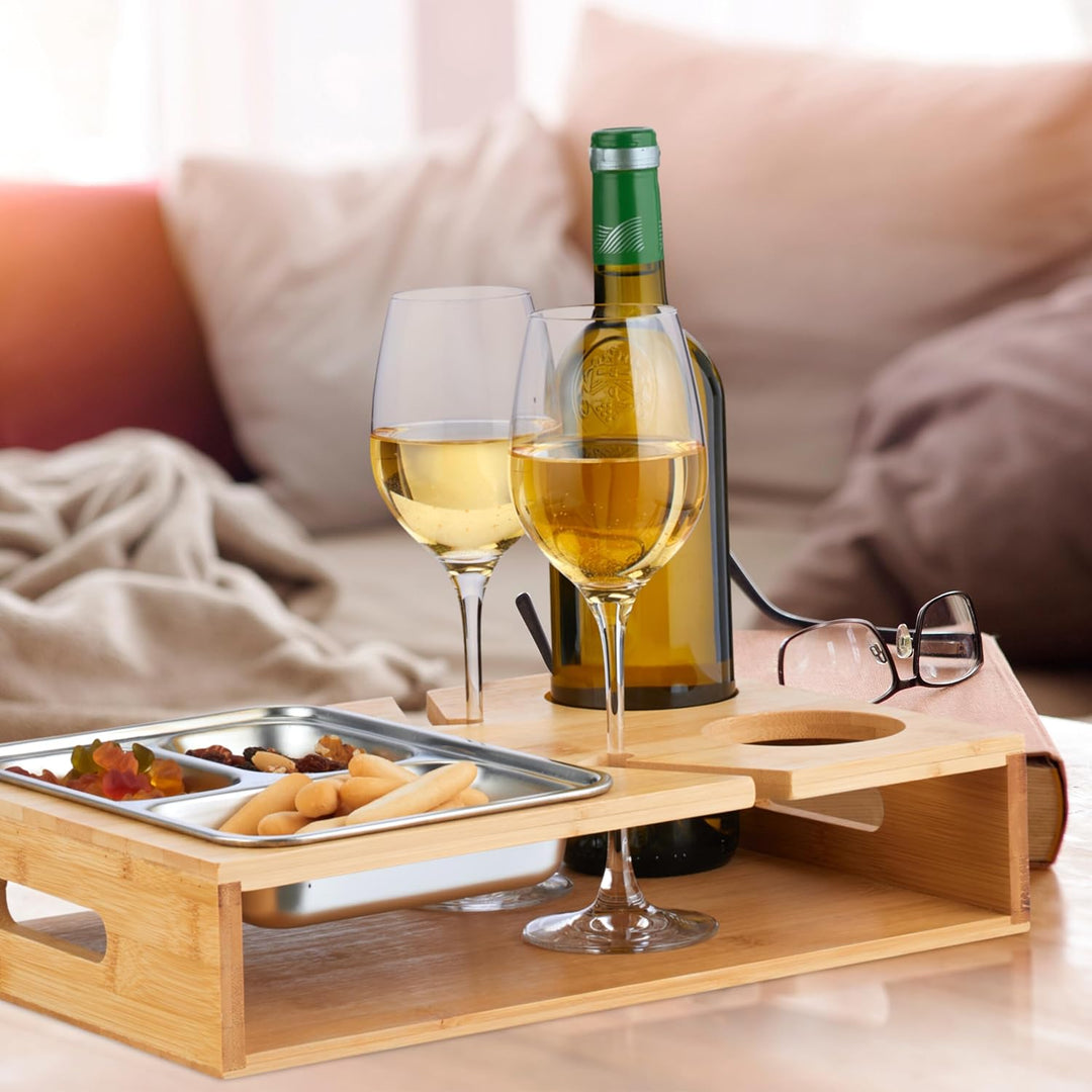 Relaxdays Couchbar, Bambus, Edelstahlschale für Snacks, Getränke- & Weinglashalter, Griffe, Couchorg