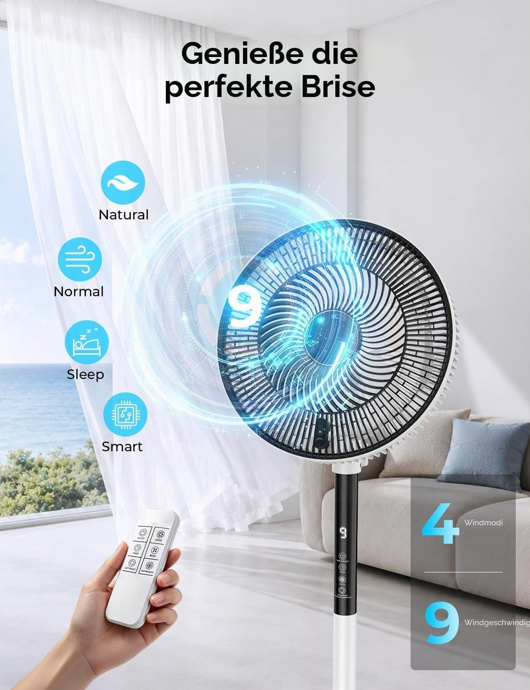Rintea Standventilator 40 cm mit Fernbedienung, 9 Geschwindigkeiten, 4 Modi, 9H Timer, 90° Oszillati