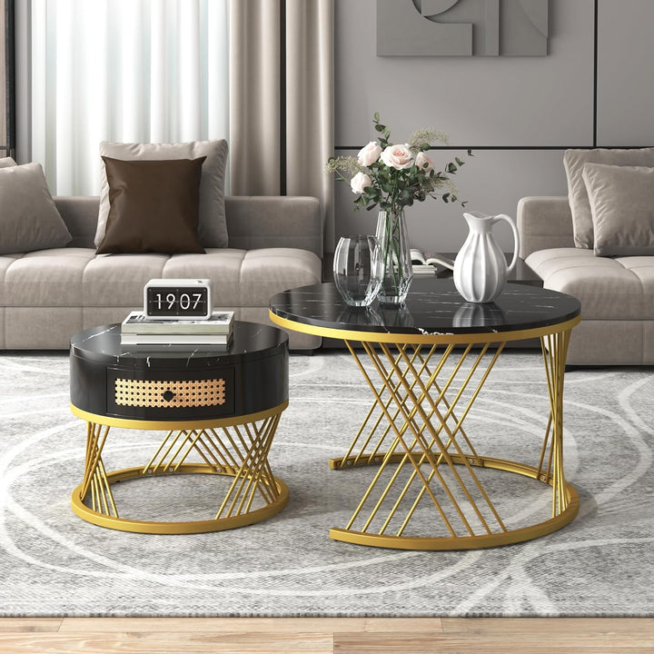 Merax Rund Couchtisch Set, 2-in-1 Beistelltisch mit Stauraum Satztisch Modern Wohnzimmertisch mit Ho