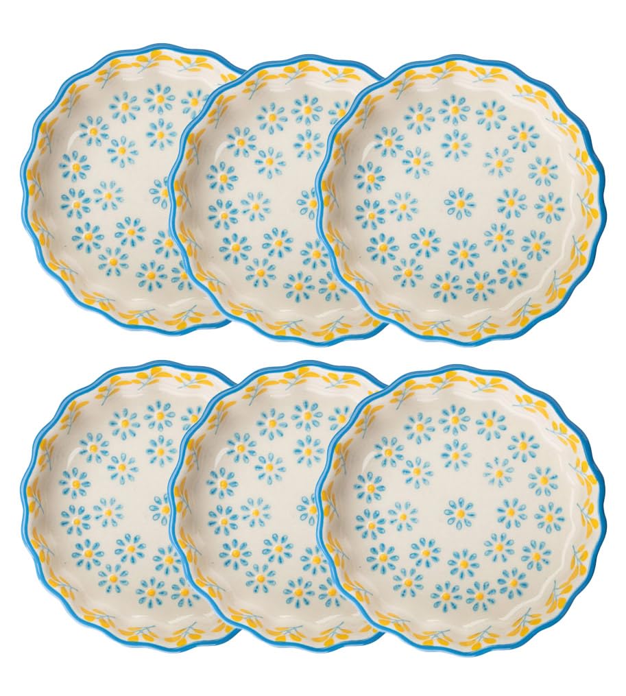 Tranquillo 6er Set Tarteletteform aus Steinzeug mit handgestempeltem Print blau/gelb Floral, Ø11 x 3