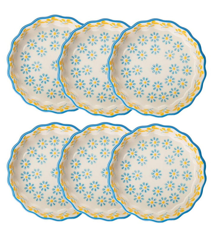 Tranquillo 6er Set Tarteletteform aus Steinzeug mit handgestempeltem Print blau/gelb Floral, Ø11 x 3