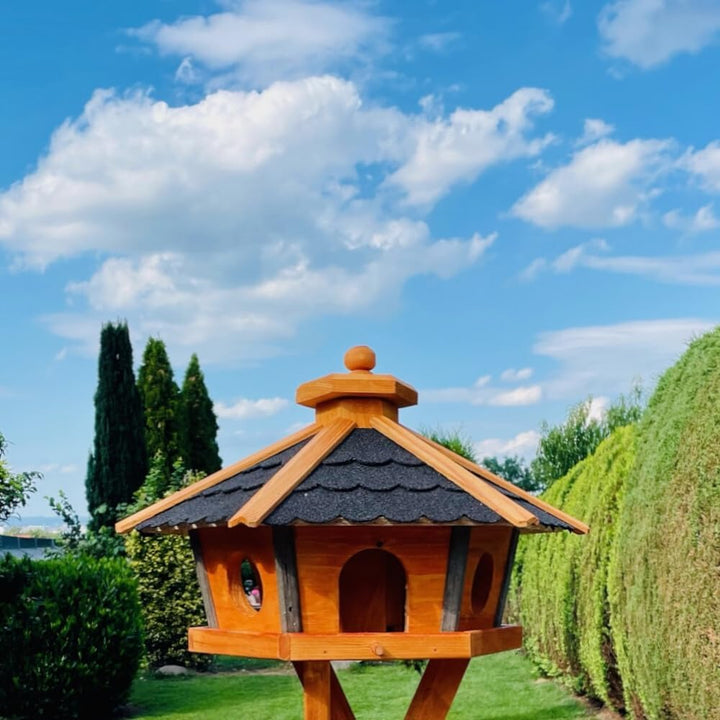 Vogel Futter Haus L oder XL Sechseck Holz Vogelhaus Futterstelle Braun/Blau, Rot, Schwarz und Grün (