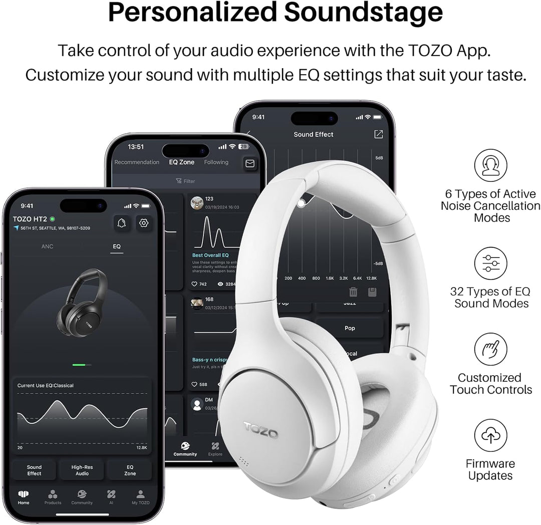 TOZO HT2 Kabelloser Bluetooth Kopfhörer Over-Ear mit Hybrid Active Noise Cancelling, 56 Stdn. Spielz