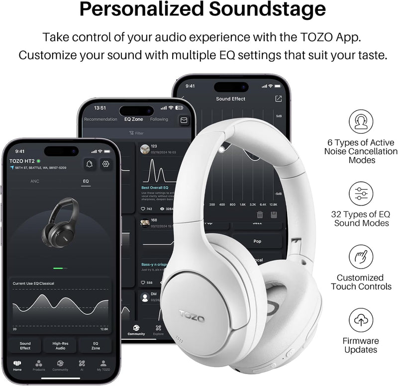 TOZO HT2 Kabelloser Bluetooth Kopfhörer Over-Ear mit Hybrid Active Noise Cancelling, 56 Stdn. Spielz