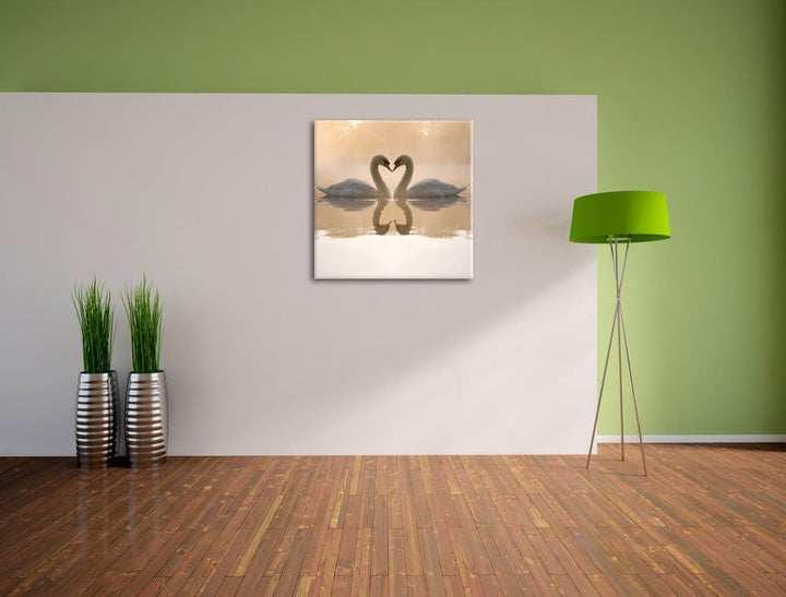 Pixxprint Schwäne im Morgengrauen / 70x70cm Leinwandbild bespannt auf Holzrahmen/Wandbild Kunstdruck