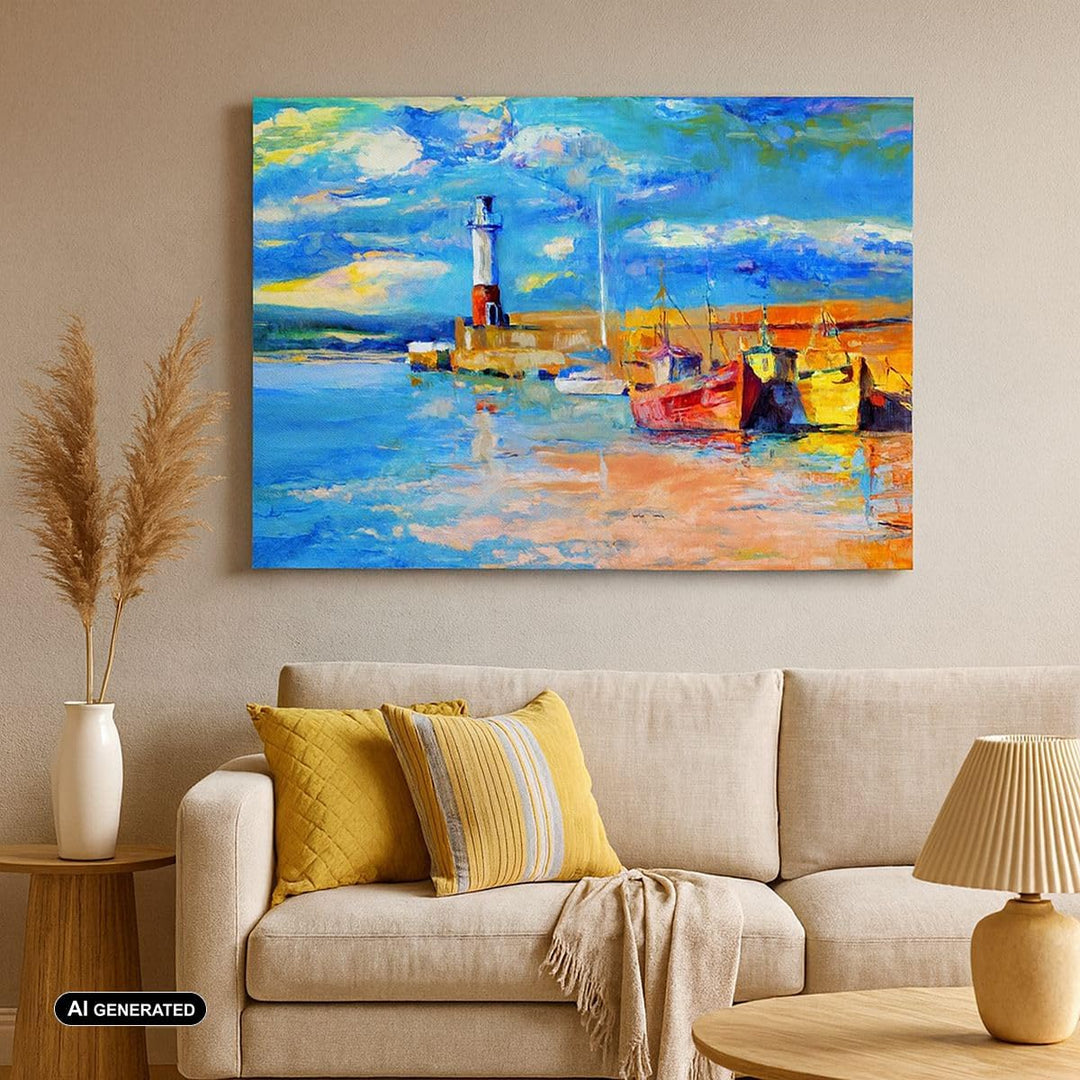Bilder auf Leinwand 100x70cm Leinwandbild mit Rahmen Leuchtturm Meer Gross Wanddeko Bild Schlafzimme