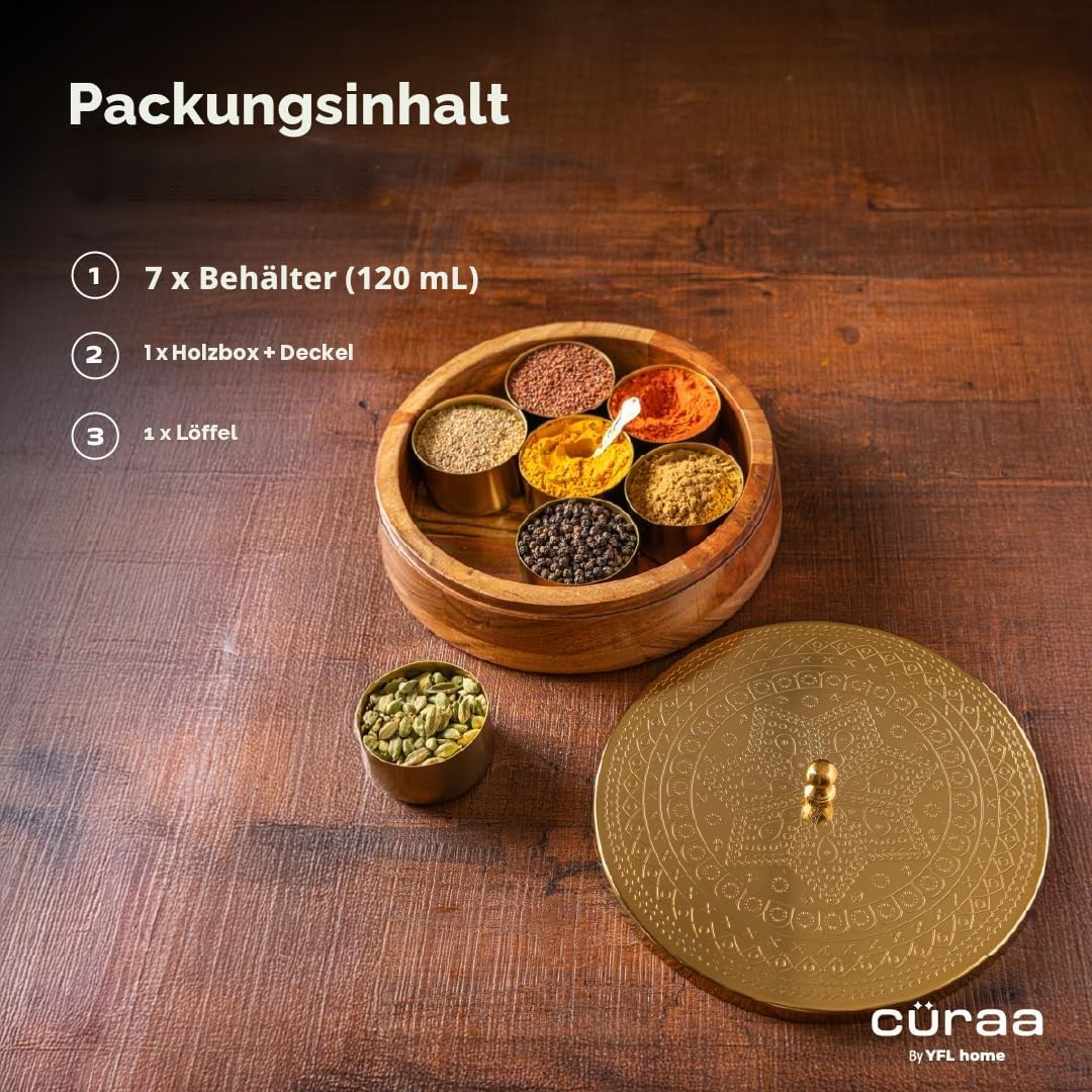 CÜRAA by YFL home Gewürzbox für Küche mit Löffel (Akazienholz, 7 abnehmbare Behälter, 120 ml) | Masa