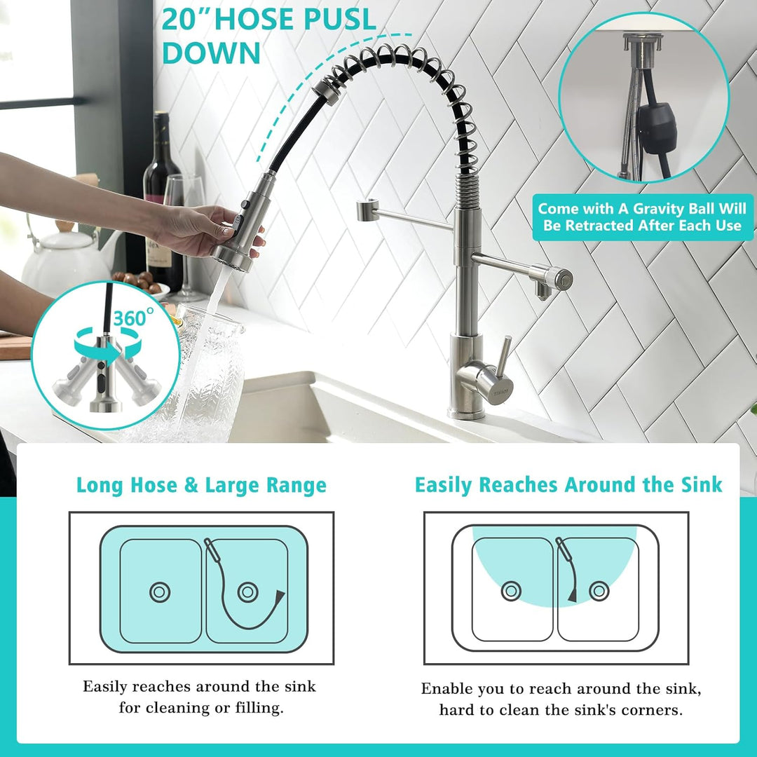TIMACO 3 Wege Wasserhahn Küche Mit Ausziehbare Brause,Küchenarmatur-360° Drehbar,mit 3 in 1 Wasserha