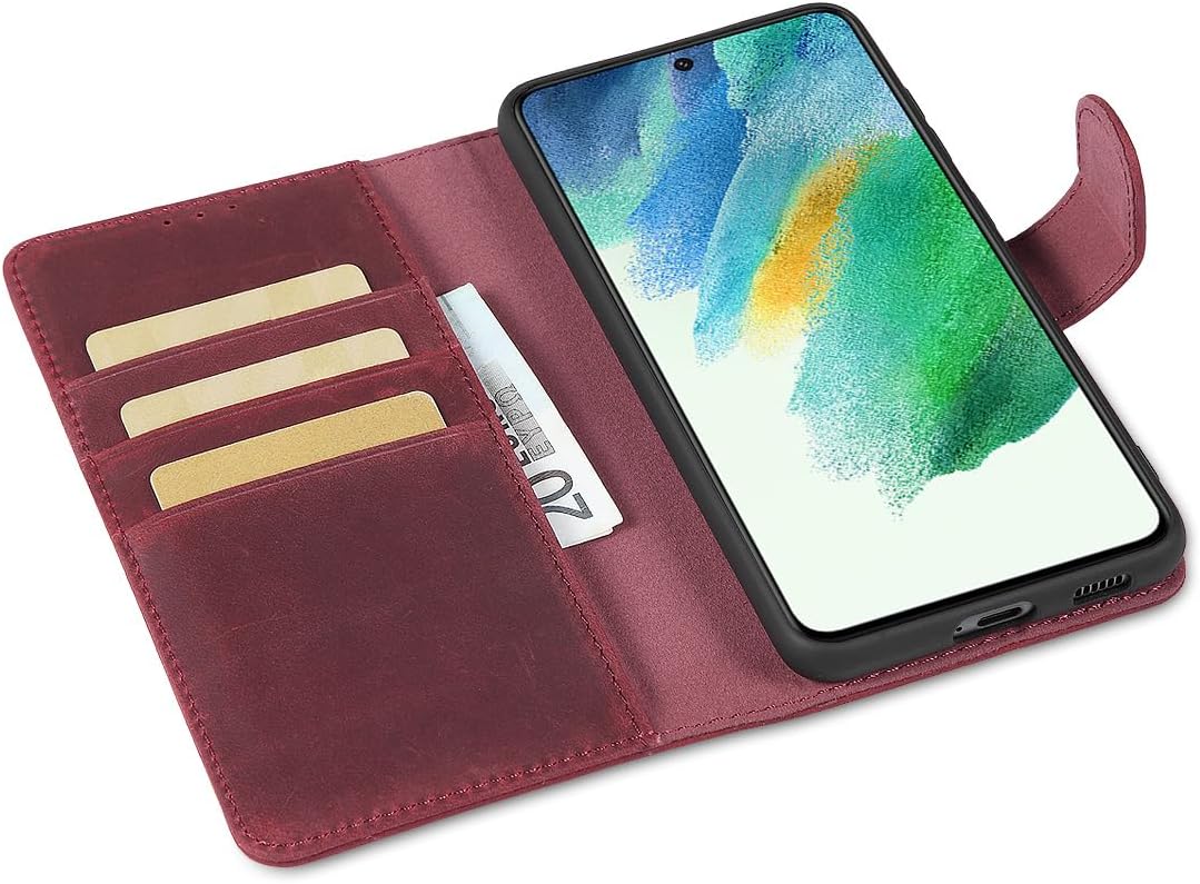 LENSUN Echtleder Hülle für Samsung Galaxy S21 FE, Handyhülle [Premium Echtes Leder][Kartenfach][RFID