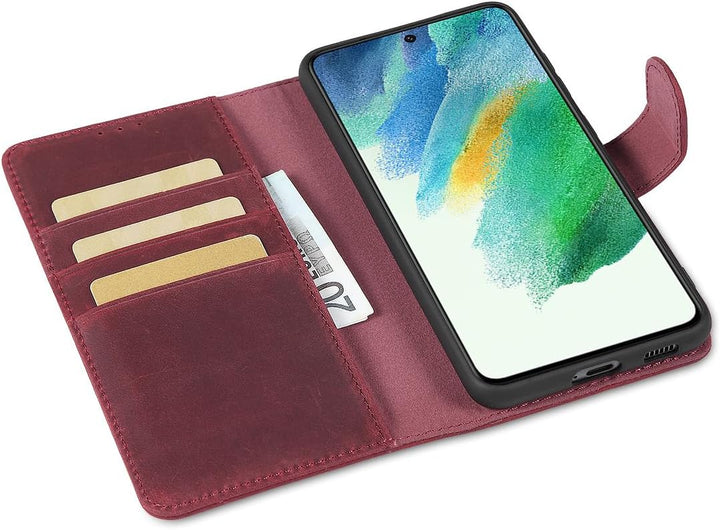 LENSUN Echtleder Hülle für Samsung Galaxy S21 FE, Handyhülle [Premium Echtes Leder][Kartenfach][RFID