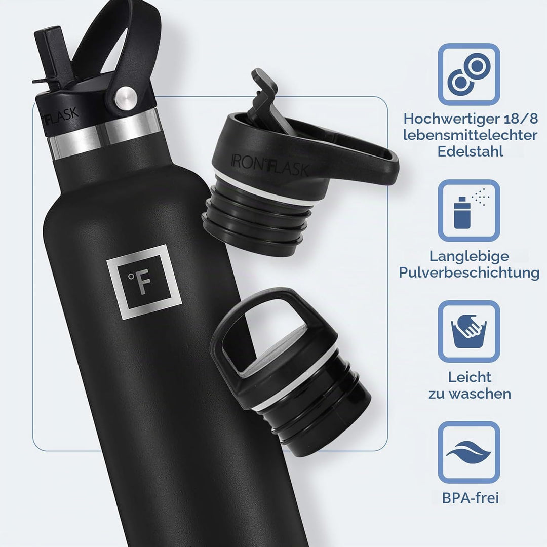 IRON °FLASK Sport-Trinkflasche - 680 ml, 3 Deckel (Strohhalmdeckel) - auslaufsicher, langlebig, dopp
