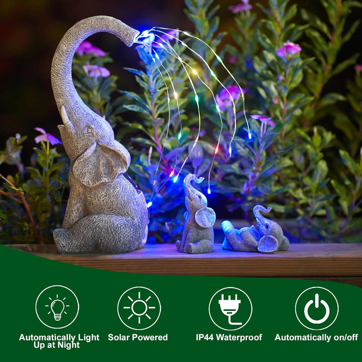 Yeomoo Elefanten Deko Gartenfiguren mit Solar Lichterkette Aussen: Elefant Mutter mit 2 Baby Elefant
