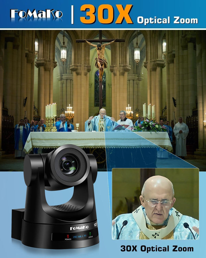 FoMaKo PTZ Kamera NDI 30x Optischer Zoom mit 3G-SDI HDMI LAN PoE für Kirche Live-Gottesdienst Video