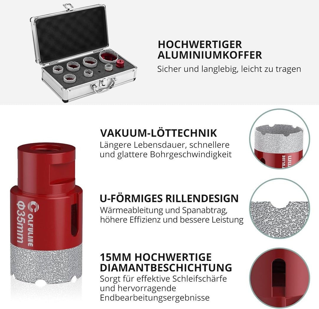 COLFULINE 8PCS Diamantbohrer Set Lochsäge Bohrkrone 20/25/30/35/40/45/50/68 mm Fliesenbohrer Glasboh