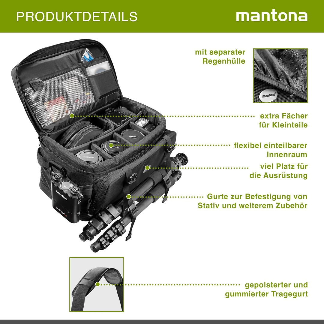 Mantona New York Fototasche (inkl. 5 Trennstegen, abnehmbarem Tragegurt und Regenschutzhülle) schwar