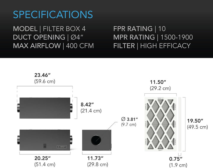 AC Infinity Inline-Filterbox, 10,2 cm, mit hocheffizientem Filter, HVAC-Filter-Set, passend für 10,2