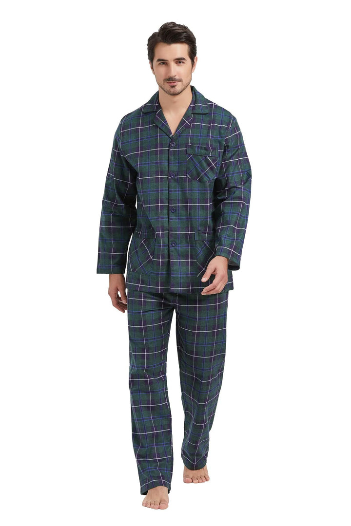 Amaxer Flanell Schlafanzug Herren 100% Baumwolle Pyjama mit Knopfleiste Set Lang Warmer Winter Schla