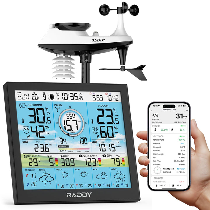 Raddy WF-120P WLAN Wetterstation mit App-Steuerung, 10” HTN Farbdisplay, Innen-/Aussentemperatur & L