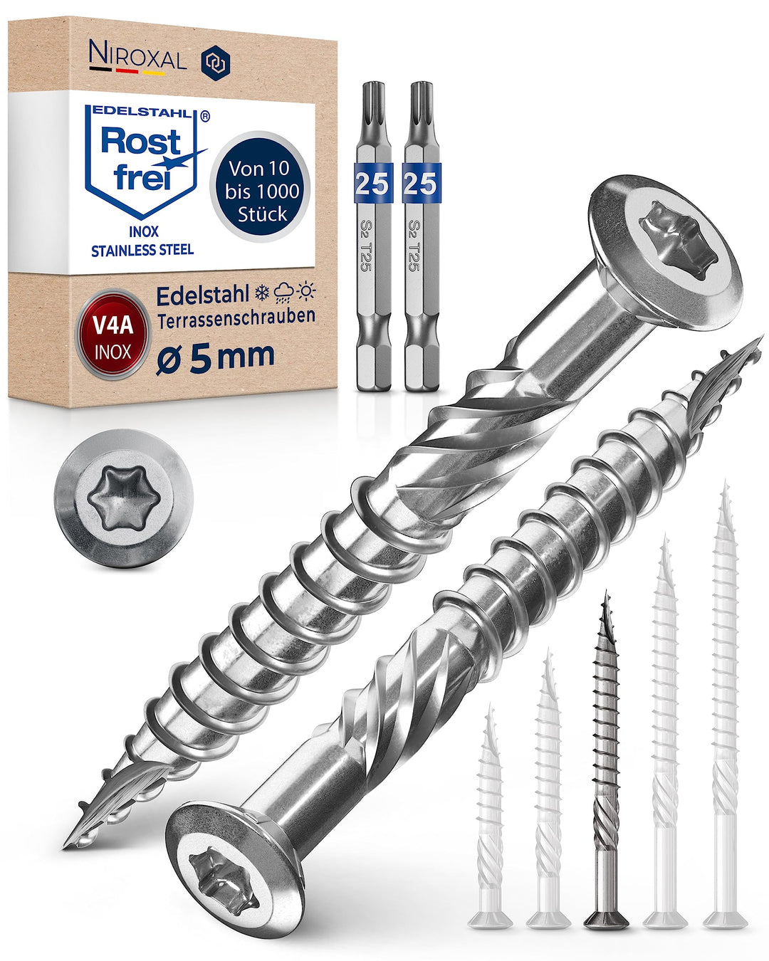 Terrassenschrauben 5x60 Edelstahl A4 Linsenkopfschrauben Torx Schrauben 5mm stark 500 Stück Holzschr