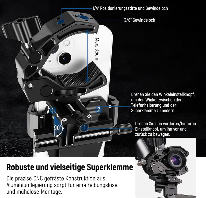 NEEWER 3 Achsen Metall Teleskop Telefonadapter verstellbare Teleskop Spektiv Telefonhalterung mit Ab