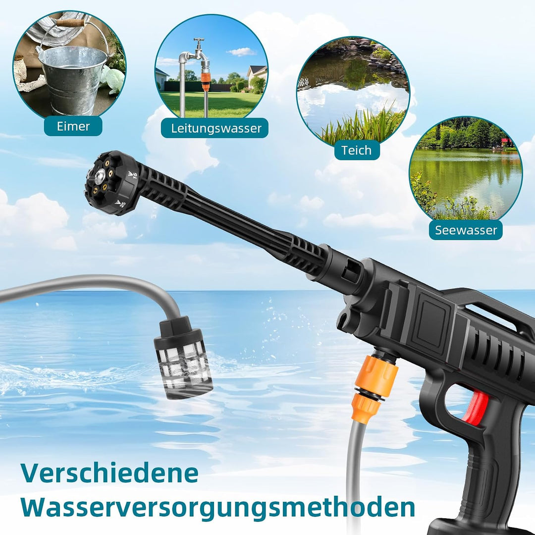Akku Hochdruckreiniger, 100bar Pressure Washer, Mobiler Hochdruckreiniger Mit 6-IN-1 Düse, 5M Schlau