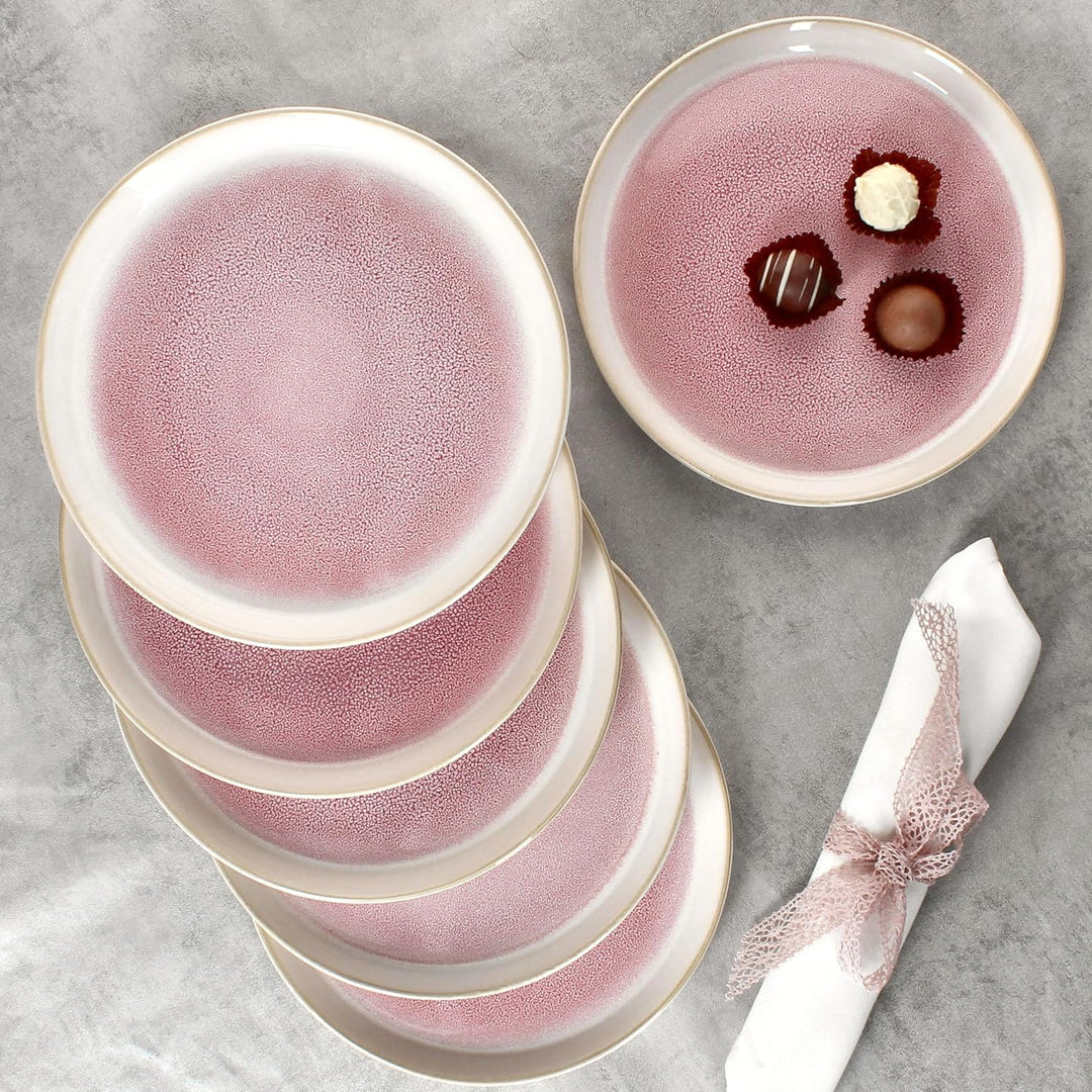 MamboCat 6er Set Reactive Glaze Paris Kuchenteller I Creme &amp; Pink I Steingut-Frühstücksteller für 6