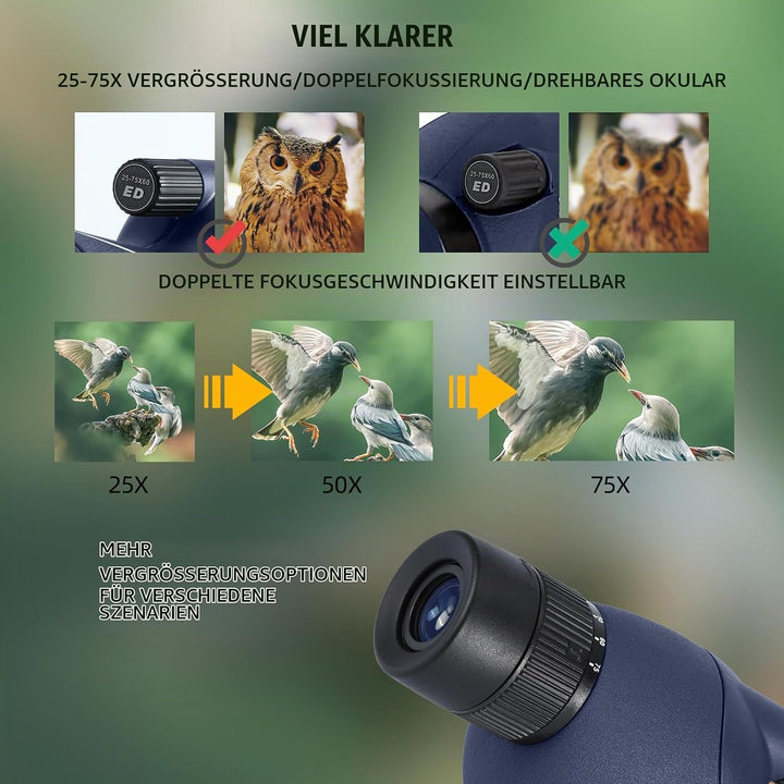 25-75X Spektive mit Stativ, Zoom Wasserdichtes BAK4 Prisma-Monokular-Teleskop für Vogelbeobachtung,