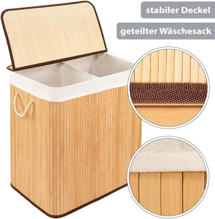 PANA®ECO Bambus Wäschekorb mit Deckel (150 L) • Wäschebox mit herausnehmbaren Wäschesack • Faltbarer