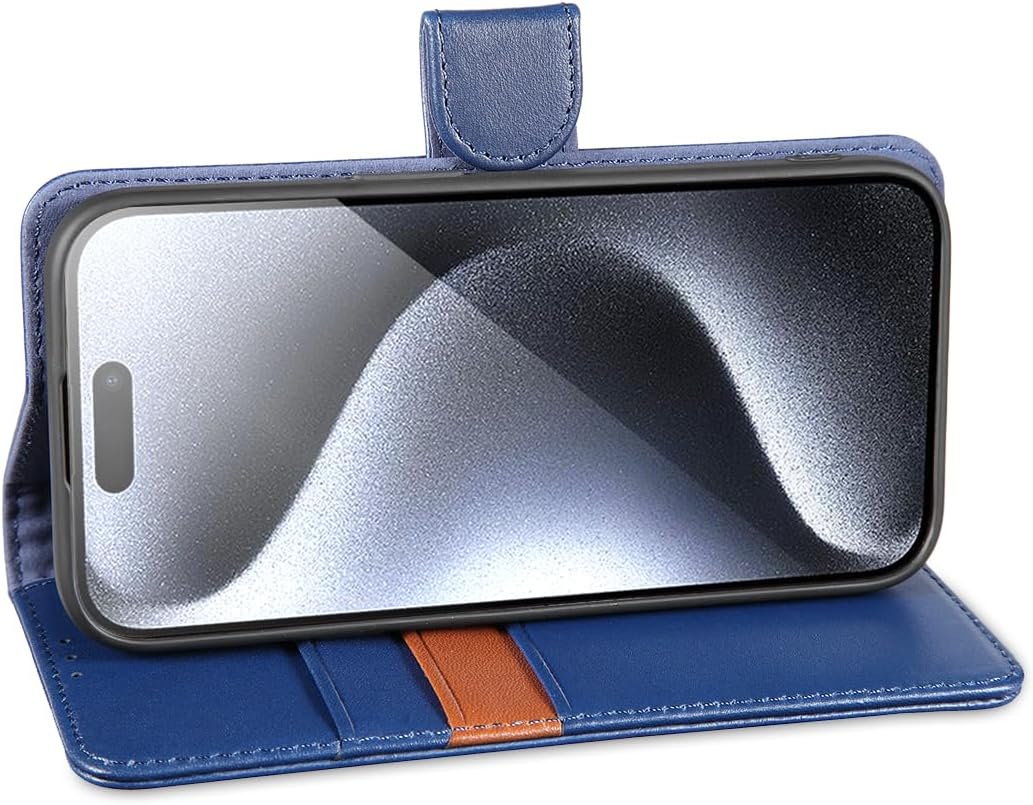 LENSUN Echtleder Hülle für iPhone 15 Pro, Handyhülle Echt Leder [Magnetverschluss][Kartenfach][Klapp
