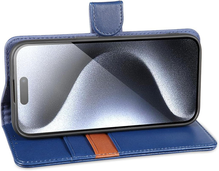 LENSUN Echtleder Hülle für iPhone 15 Pro, Handyhülle Echt Leder [Magnetverschluss][Kartenfach][Klapp
